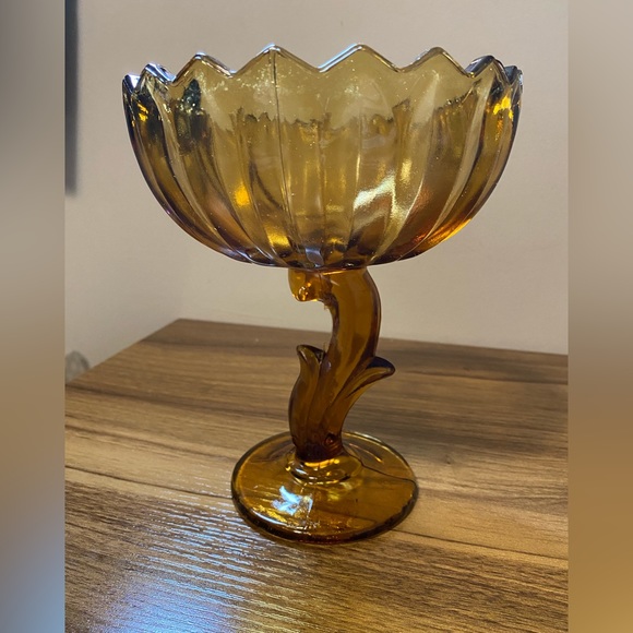 Vintage 1960s Glass Amber Lotus Blossom Tall Candy Dish By Indiana Glass Company - Picture 2 of 4